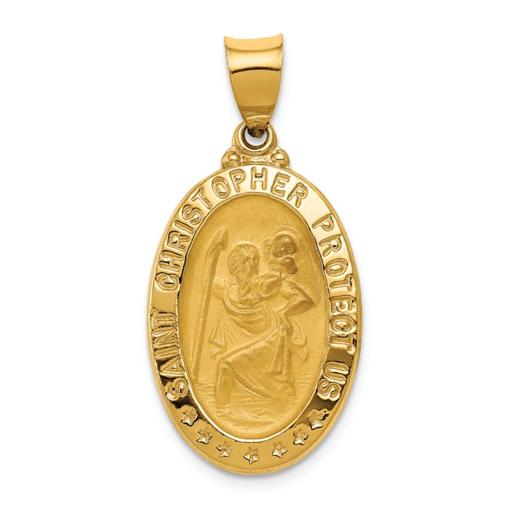 14K Yellow Gold Polished and Satin St. Christopher Medal Hollow Pendant