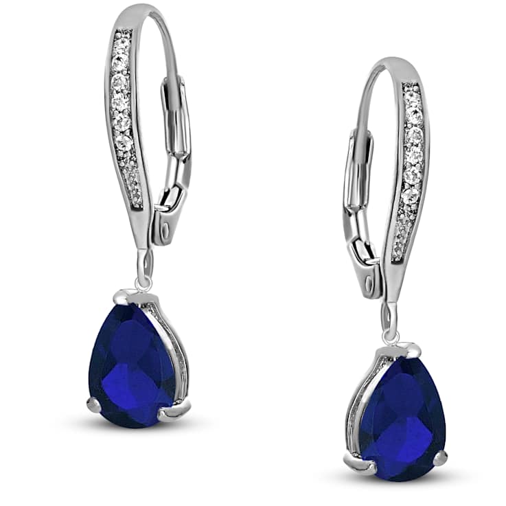 Sapphire Color CZ Teardrop Drop Earrings In Sterling Silver