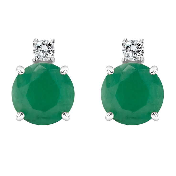 5mm Round Emerald with Diamond Accents 14k White Gold Stud Earrings