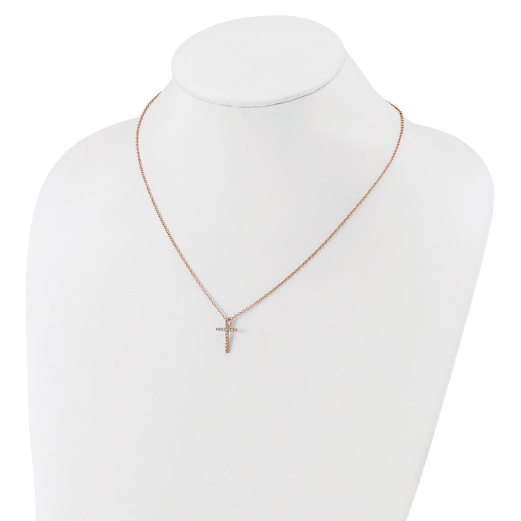 14K Rose Gold Over Sterling Silver Polished Cubic Zirconia Latin Cross Necklace