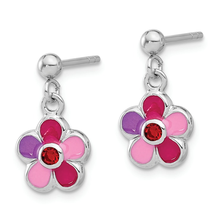 Rhodium Over Sterling Silver Enameled Red Crystal Flower Post Dangle Earrings
