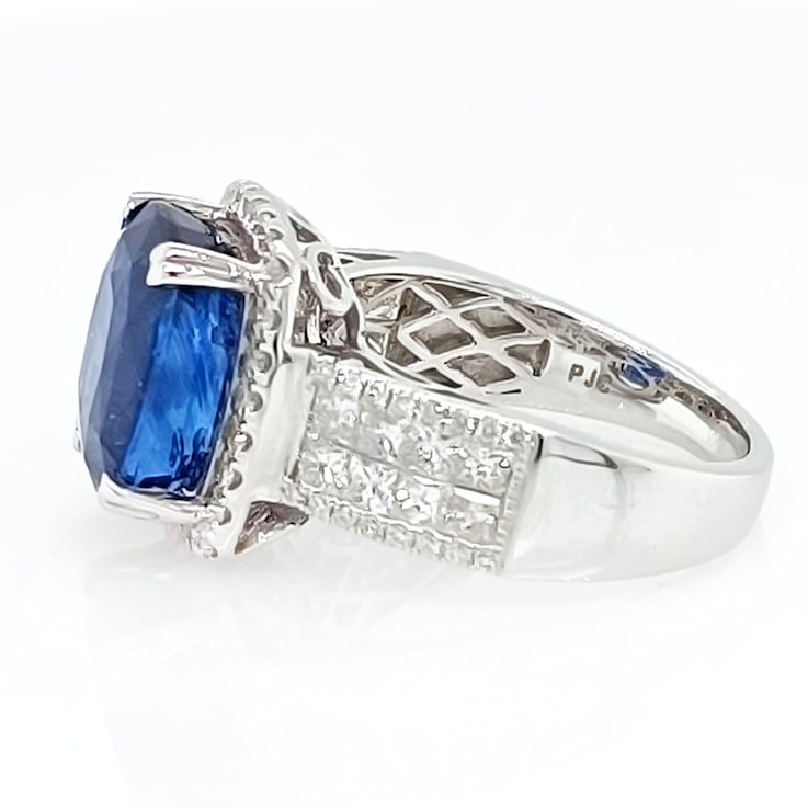 8.26 Ctw Blue Sapphire and 1.33 Ctw White Diamond Ring in 14K WG