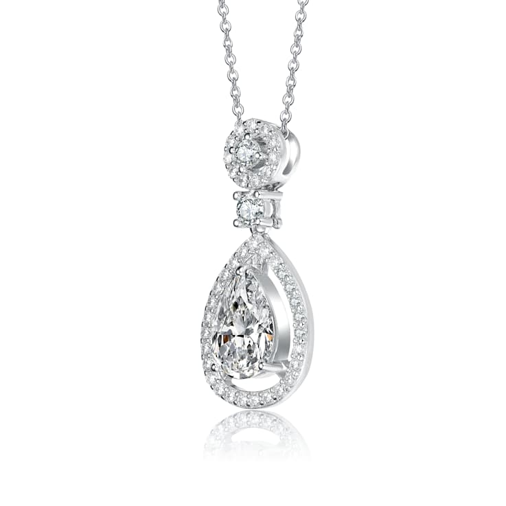 Pear Shape CZ Halo Drop Necklace In Sterling Silver