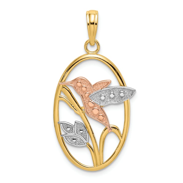 14k Tri-color Gold Hummingbird and Flowers In Oval Frame Charm