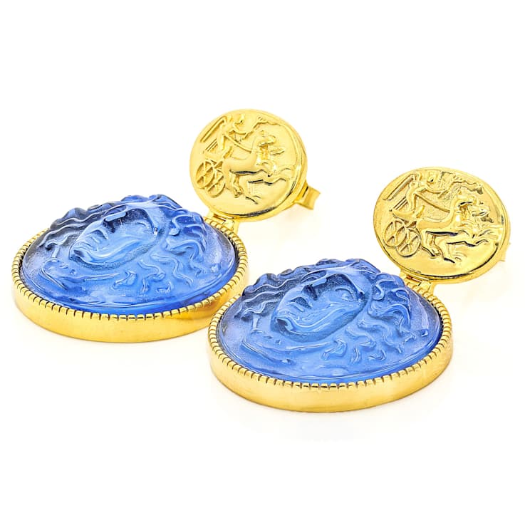 Blue Venetian Glass Medusa Cameo Earrings In 18K Gold Over Sterling Silver