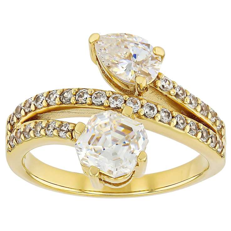 Diamond Simulant Pear And Square Bypass Ring In 18K Gold Over Sterling
Silver 2.93ctw