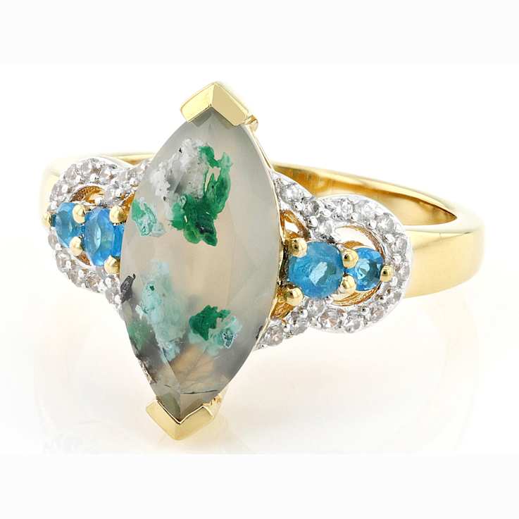 Blue Chalcedony, Neon Apatite And White Zircon Ring In 18K Gold Over
Sterling Silver