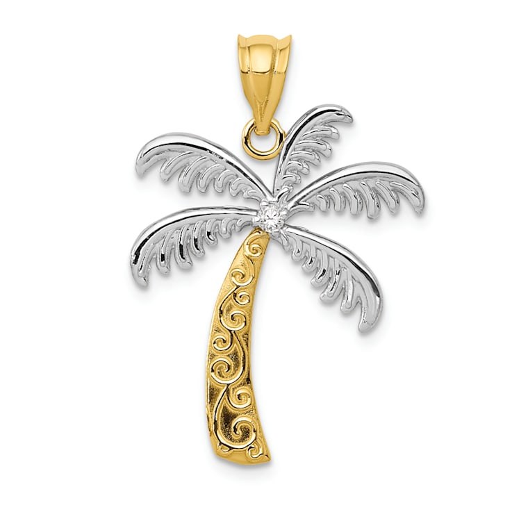 14k Yellow Gold and Rhodium Over 14k Yellow Gold Textured Palm Tree
Pendant with Diamond