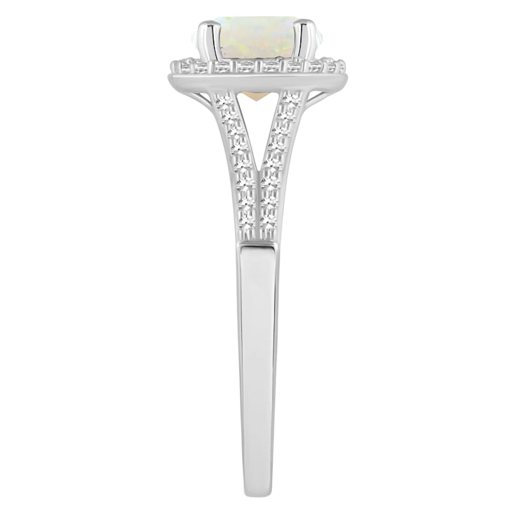 7mm Round Opal 1/4 ctw Diamond Rhodium Over Sterling Silver Halo Ring
