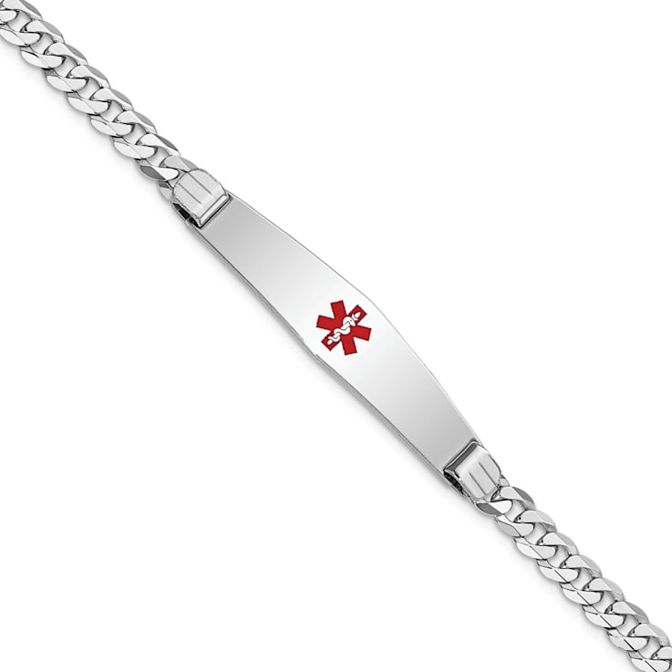 Rhodium Over 14k White Gold Medical Soft Diamond Shape Red Enamel Flat
Curb Link ID Bracelet