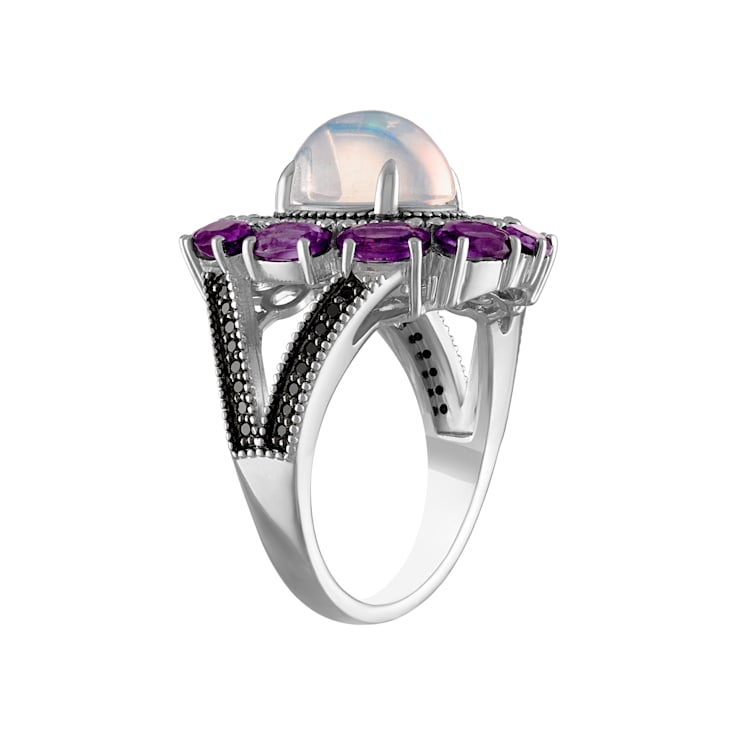 Opal, Amethyst, and Black Spinel Sterling Silver Ring 4.23ctw