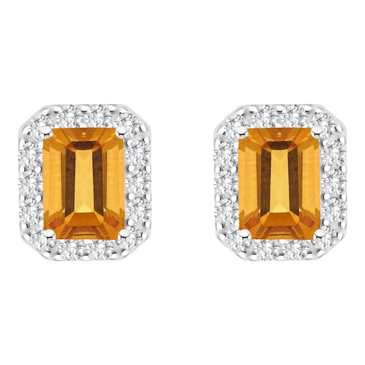 8x6mm Emerald Cut Citrine And White Topaz Accent Rhodium Over Sterling
Silver Halo Stud Earrings