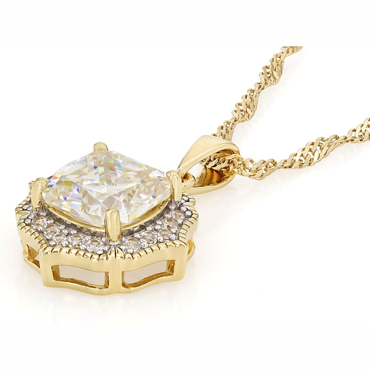 Diamond Simulant Square Cushion And White Zircon Pendant Necklace In 18K
Gold Over Sterling Silver 3.18ctw