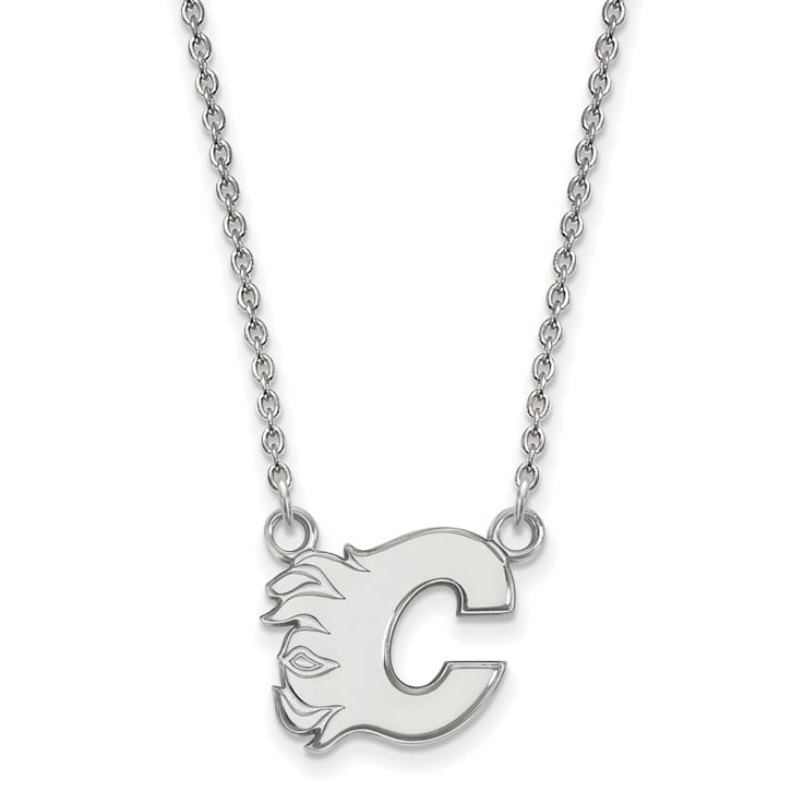 Rhodium Over Sterling Silver NHL LogoArt Calgary Flames Pendant Necklace