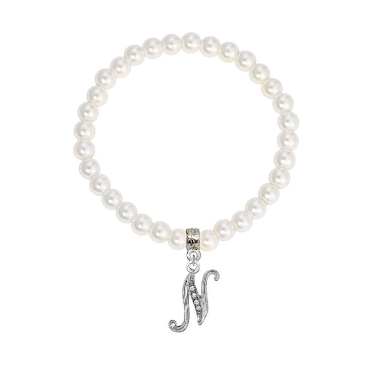 White Faux Pearl Bead Initial Charm Stretch Bracelet