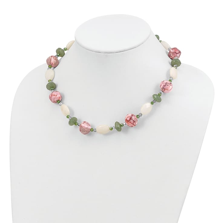 Sterling Silver Aventurine, Crystal, Jadeite and Jasper 18-inch with
2-inch Extension Necklace