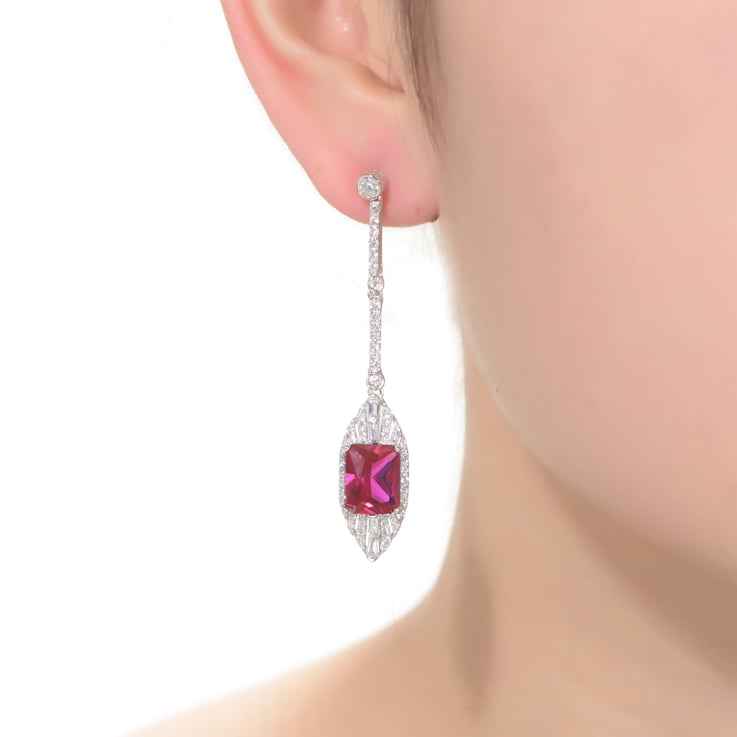 Ruby Color CZ Square Drop Earrings In Sterling Silver