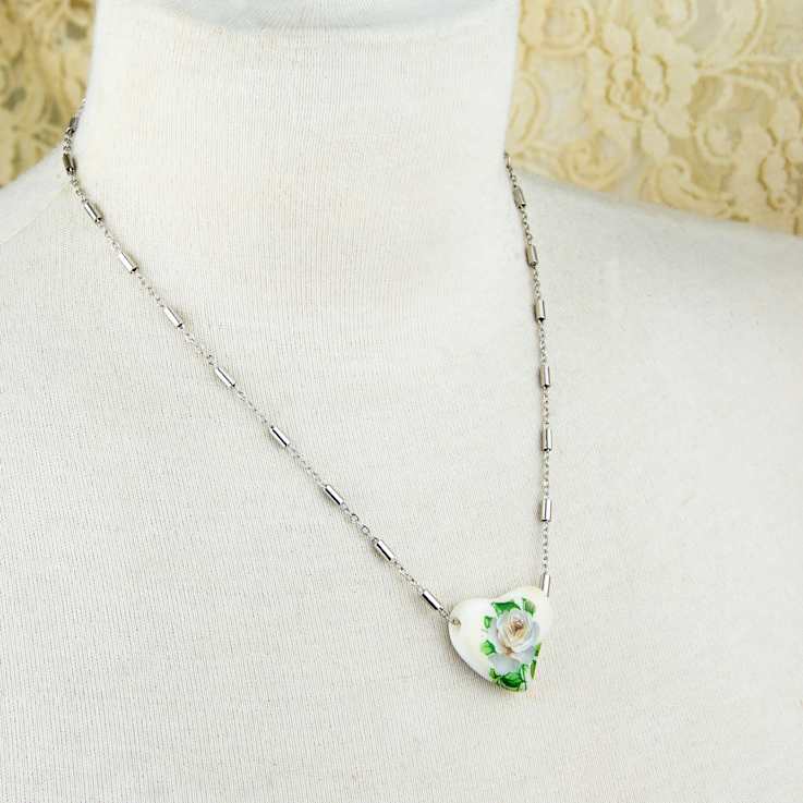 White Base Metal Porcelain Shaped Heart White Rose Necklace 15" Adj.
