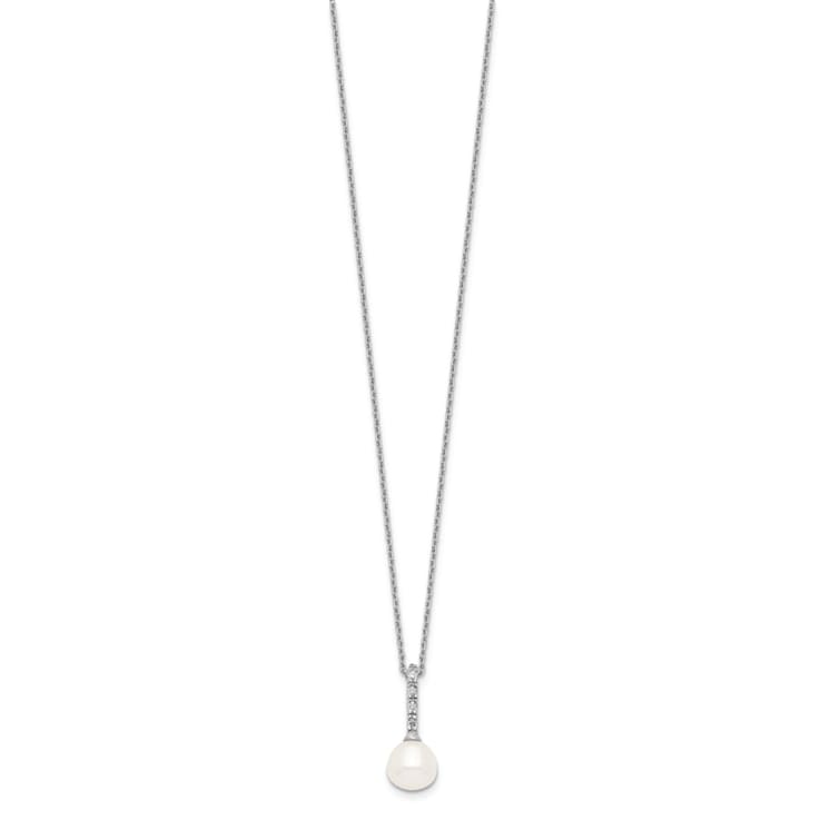 Rhodium Over Sterling Silver 7-8mm White Freshwater Cultured Pearl Cubic
Zirconia Necklace