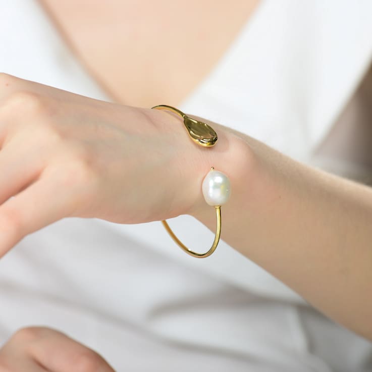 Pear Shape Freshwater Pearl Cuff Bracelet In 14K Gold Over Sterling Silver