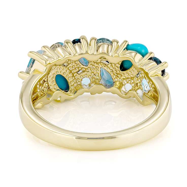 Turquoise And Multi-Blue Gemstone Ring In 18K Gold Over Sterling Silver 1.66ctw