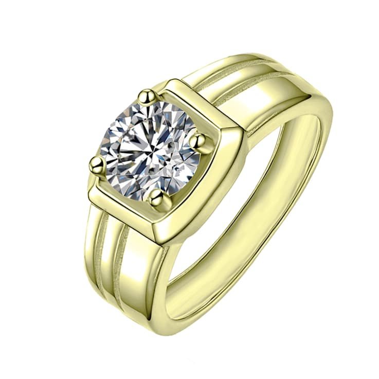 Square CZ Four-Prong Band Ring In 14K Gold Over Brass