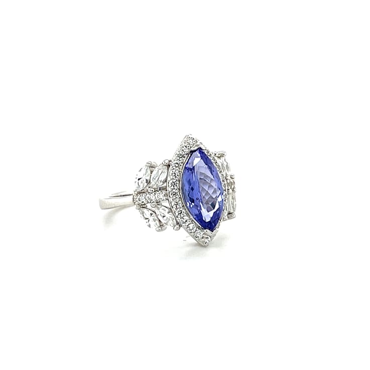Rhodium Over Sterling Silver Marquise Tanzanite and White Zircon Ring 2.23ctw