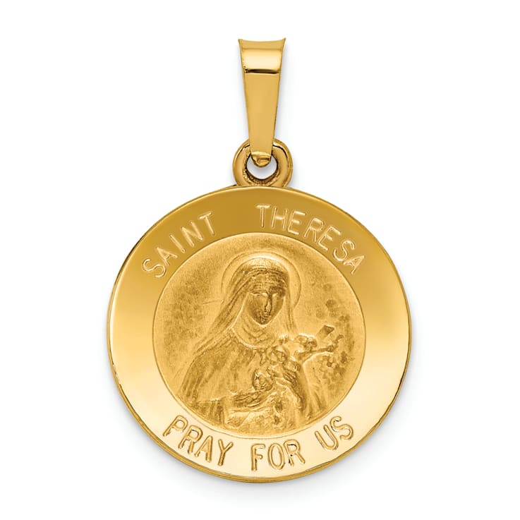 14K Yellow Gold Polished and Satin St Theresa Medal Hollow Pendant