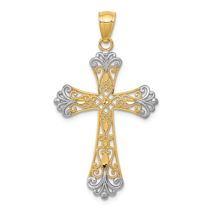 14k Yellow Gold and Rhodium Over 14k Yellow Gold Diamond-cut and
Textured Cross Pendant