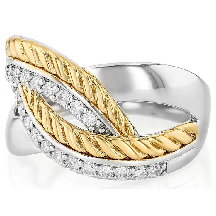 Two-Tone Moissanite Crossover Ring In 14K Gold And Platinum-Enhanced
Sterling Silver 0.44ctw DEW