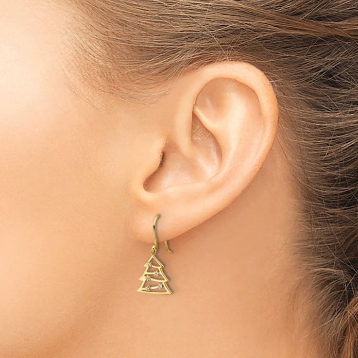14K Yellow Gold Polished Cubic Zirconia Christmas Tree Shepherd Hook
Dangle Earrings