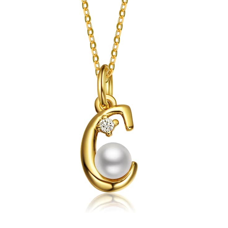 Initial C White Pearl And Pear Shape CZ Pendant Necklace In 14K Gold
Over Brass