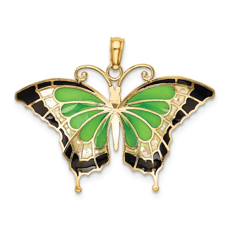 14k Yellow Gold Multi-Colored Enameled Butterfly Pendant