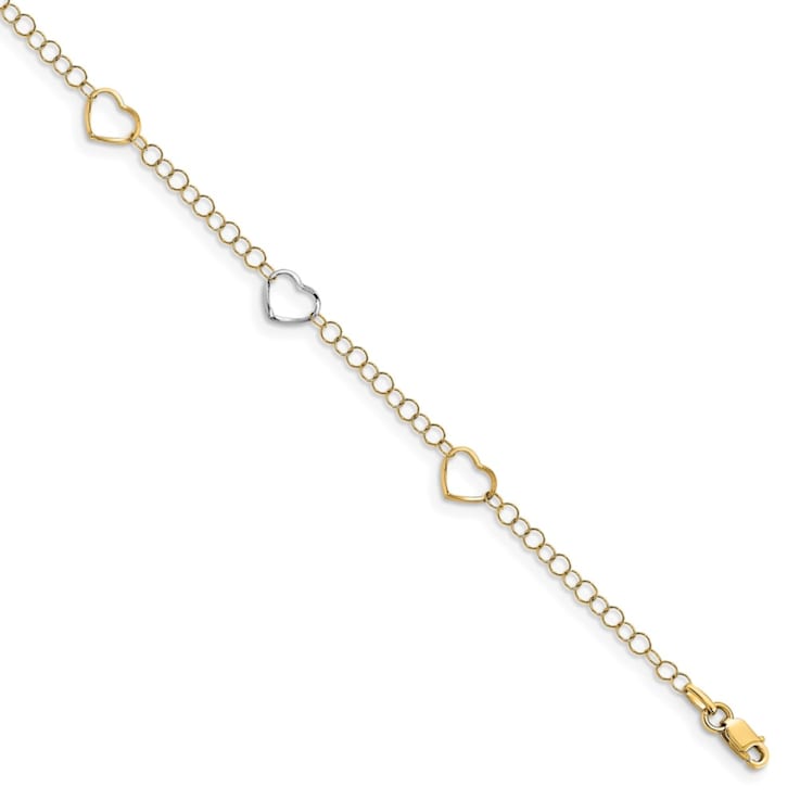 14K Two-tone Polished Heart with 1-inch Extension Anklet