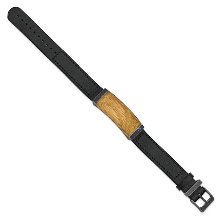 Black Leather and Stainless Steel Black IP-plated Bourbon Barrel Wood Bracelet