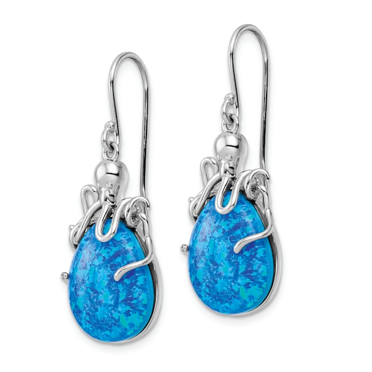 Rhodium Over Sterling Silver Lab Created Opal Octopus Dangle Earrings