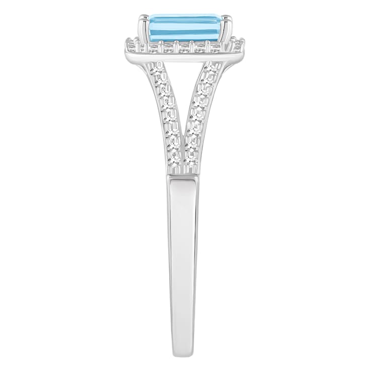 6x4mm Emerald Cut Aquamarine 1/4 ctw Diamond Rhodium Over Sterling
Silver Halo Ring