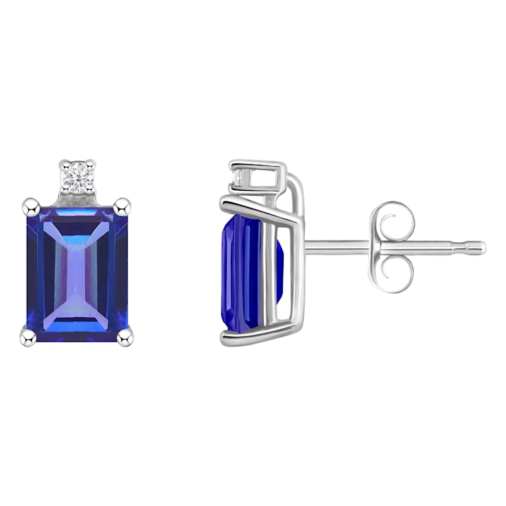 6x4mm Emerald Cut Tanzanite with Diamond Accents 14k White Gold Stud Earrings