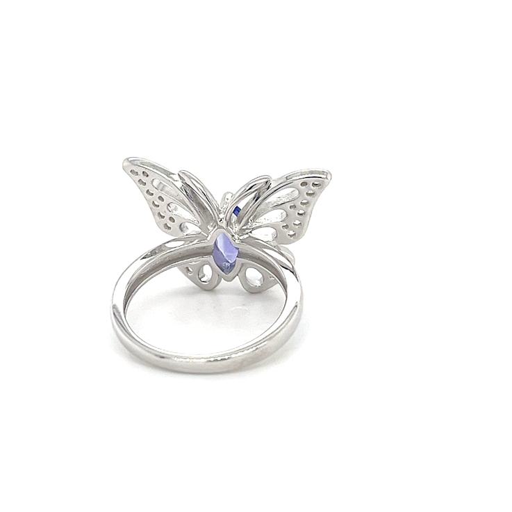 Tanzanite 9x4.5mm Marquise and White Zircon Rhodium Over Sterling Silver Ring