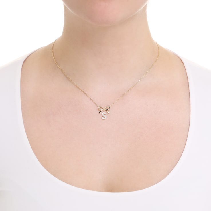 Initial S Bow CZ Necklace In 14K Gold Over Sterling Silver 0.23ctw