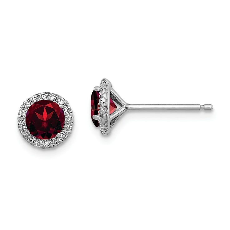 Rhodium Over Sterling Silver Garnet and CZ Post Earrings