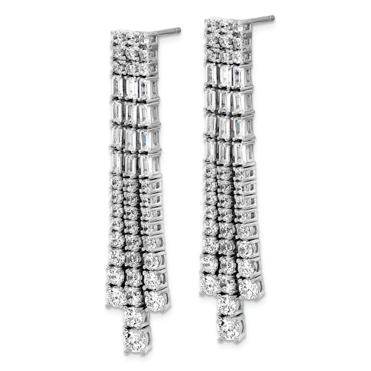 Rhodium Over Sterling Silver Polished Fancy 3-Row Cubic Zirconia Post
Dangle Earrings