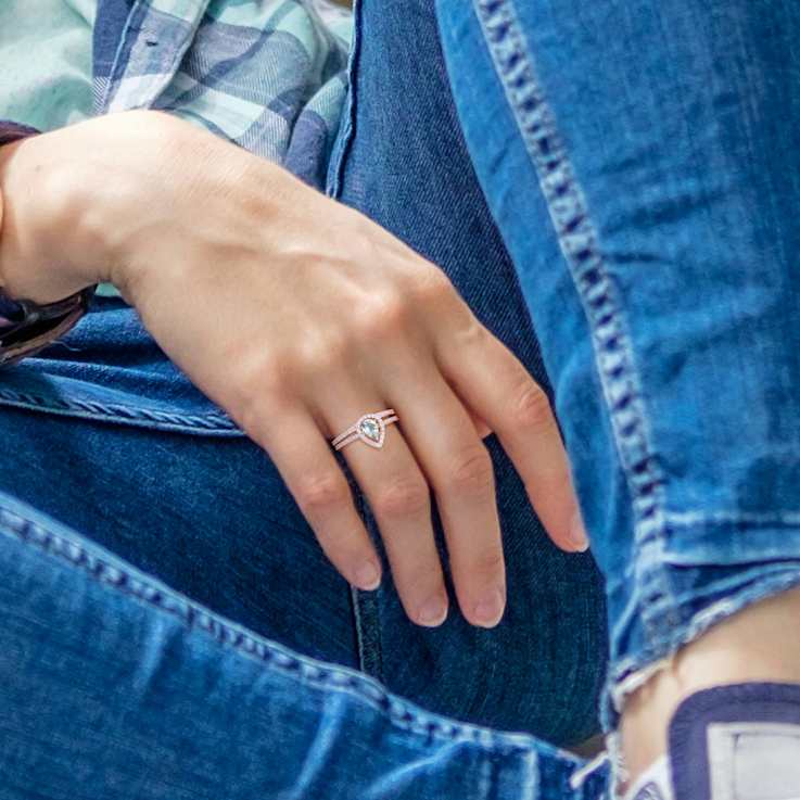 Aquamarine and Diamond 10K Rose Gold Halo Ring Set 0.73ctw