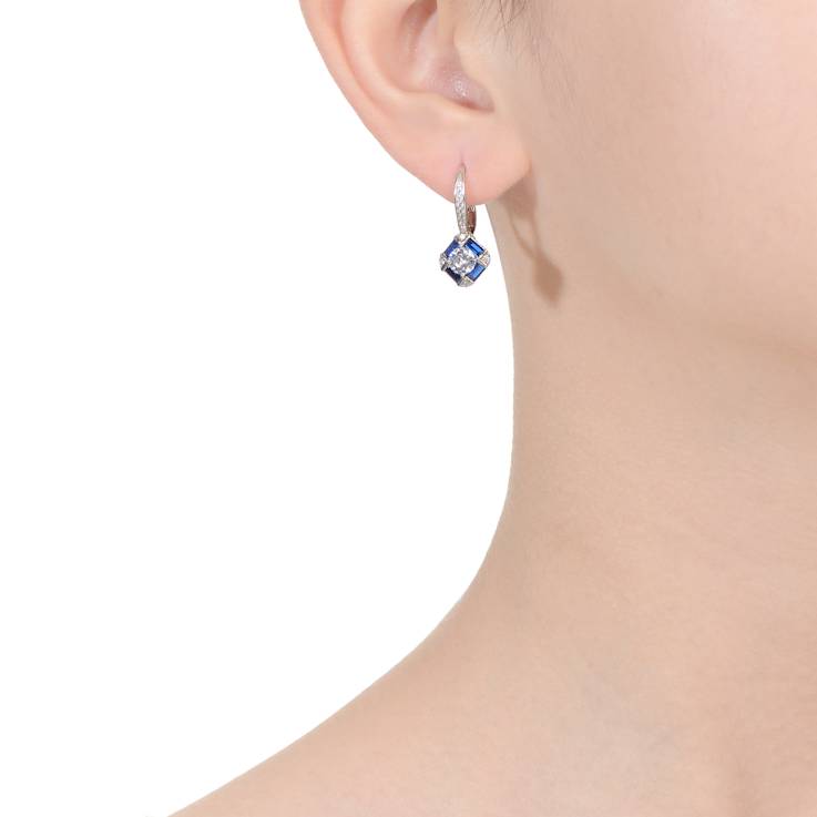 Square Blue Stone Drop Earrings In Sterling Silver