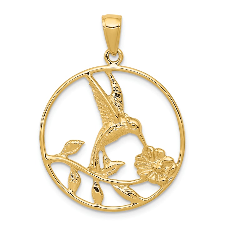 14K Yellow Gold Hummingbird in Round Frame Pendant