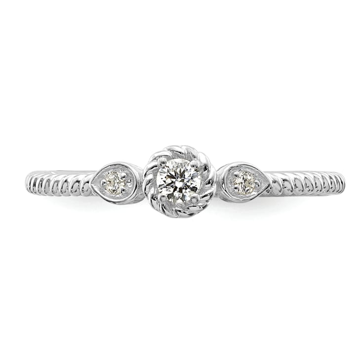 Rhodium Over 14K Gold Roped Band Petite Round Diamond Ring 0.10ctw