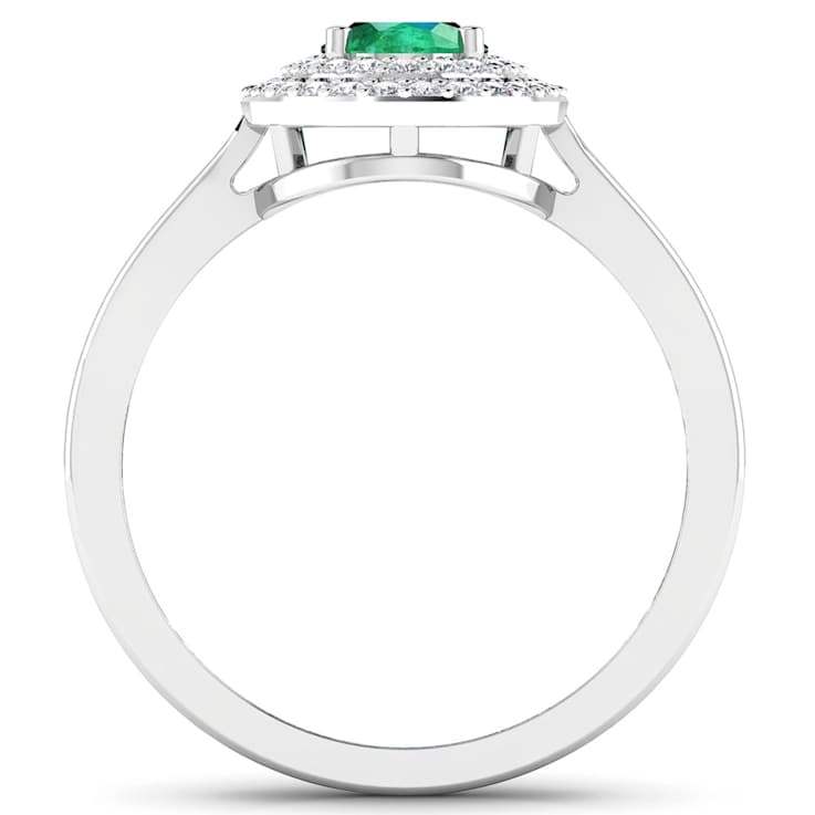 0.86ctw Green Emerald and Diamond 14K White Gold Halo Ring