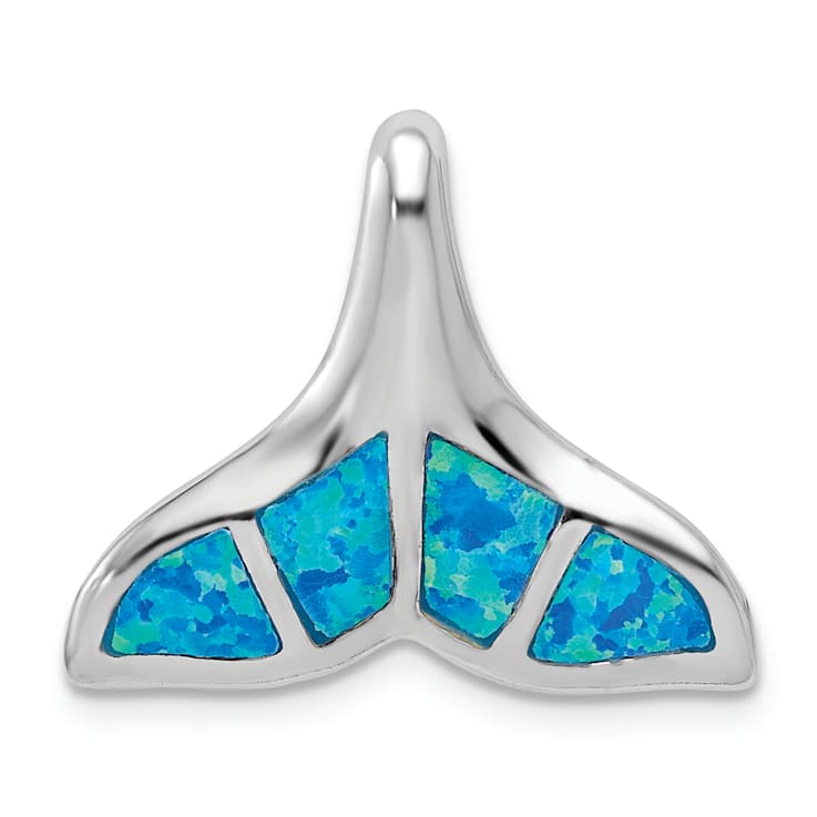 Rhodium Over Sterling Silver Lab Created Blue Opal Whale Tail Chain
Slide Pendant