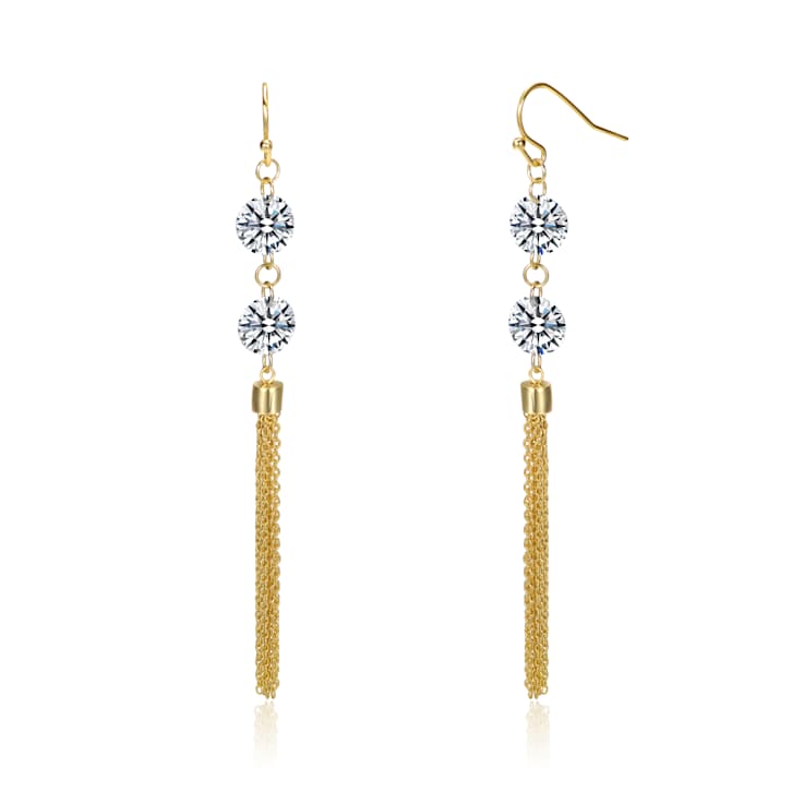 CZ Chain Fringe Dangle Earrings In 14K Gold Over Sterling Silver