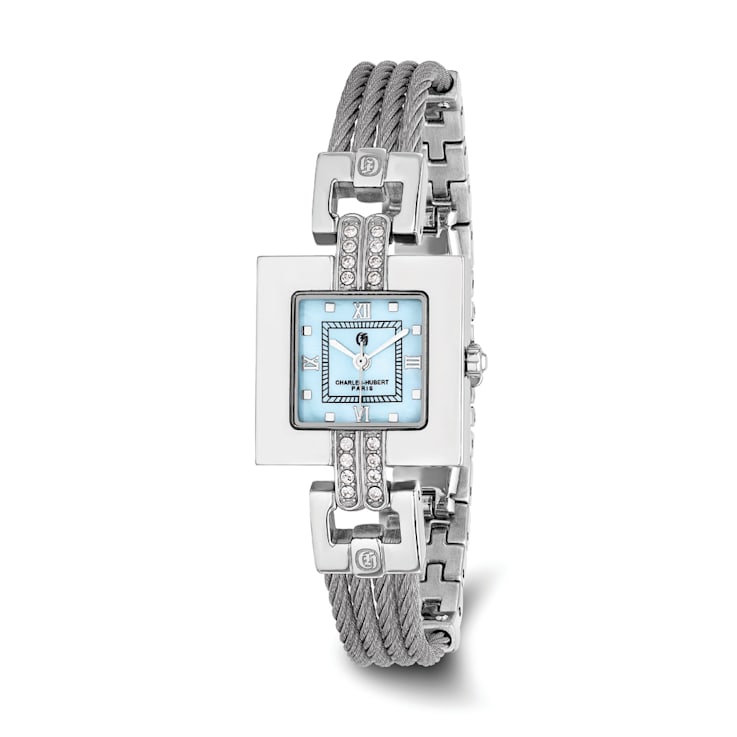 Charles Hubert Stainless Steel Wire Bangle Light Blue MOP Dial Watch